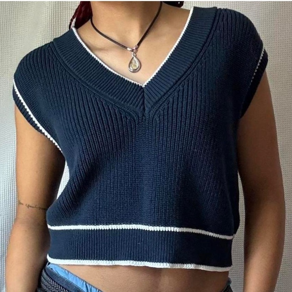 Jessica Simpson Navy V-Neck Sweater Vest with White Trim